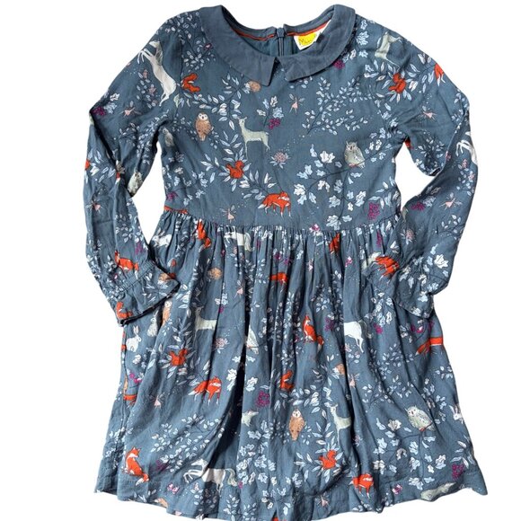 Mini Boden Woodland Print Dress Blue Bishop Sleeve Dress with Collar 6-7 Years - Picture 2 of 6